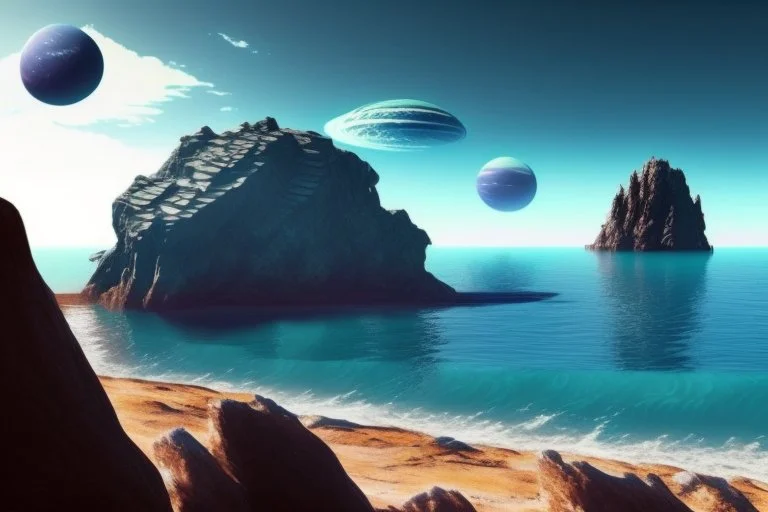 exoplanet in the horizon, big stones, lagoon, cliff, science fiction, epic scene.