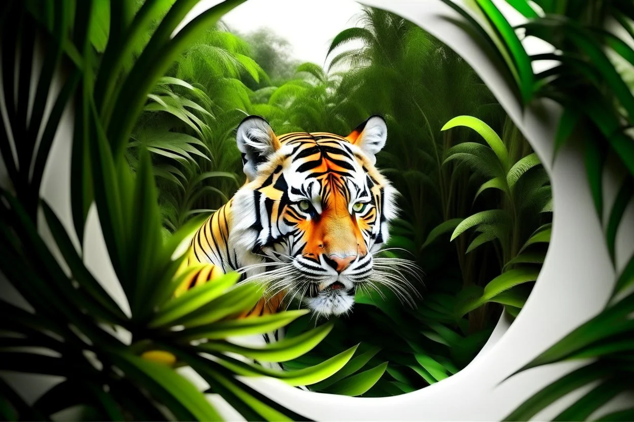 white,background,looking,through,a 3-d, hole,or,window,,and seeing tiger in tropical jungle, make,sure,all,fits,on,the,page