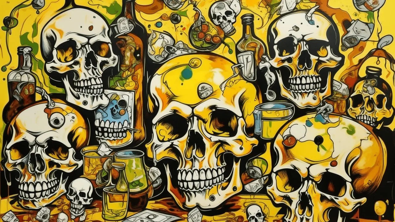 Abstract, expressionist painting featuring a still life with skulls. The layout is chaotic and vibrant, with three prominent skulls in the center, each with distinct facial features and hollow eye sockets. The skulls are painted in shades of yellow and brown, with dark, bold outlines. Surrounding the skulls are various objects, including a playing card with an ace of spades, a bottle, and a banana, all rendered in a similarly bold and exaggerated style. The background is a mix of orange, red, an