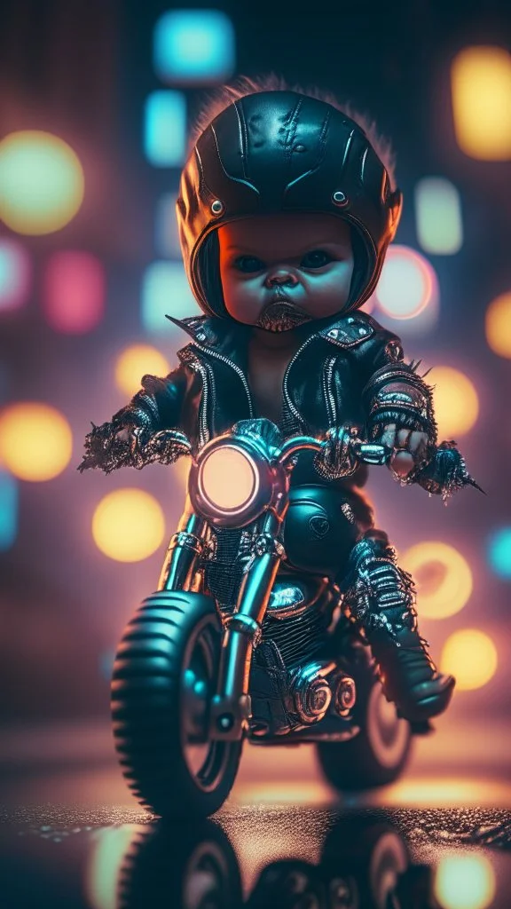 A Sharp Kawaii tiny hyper realistic baby terminator riding mini harley davidson, wearing bikers clothes with freestyle action, night of cyberpunk city background. wide angle full body, 8k, Cinematography, photorealistic,epic composition Unreal Engine,Cinematic, Color Grading, Portrait Photography,Ultra-Wide Angle, Depth of Field, hyper detailed