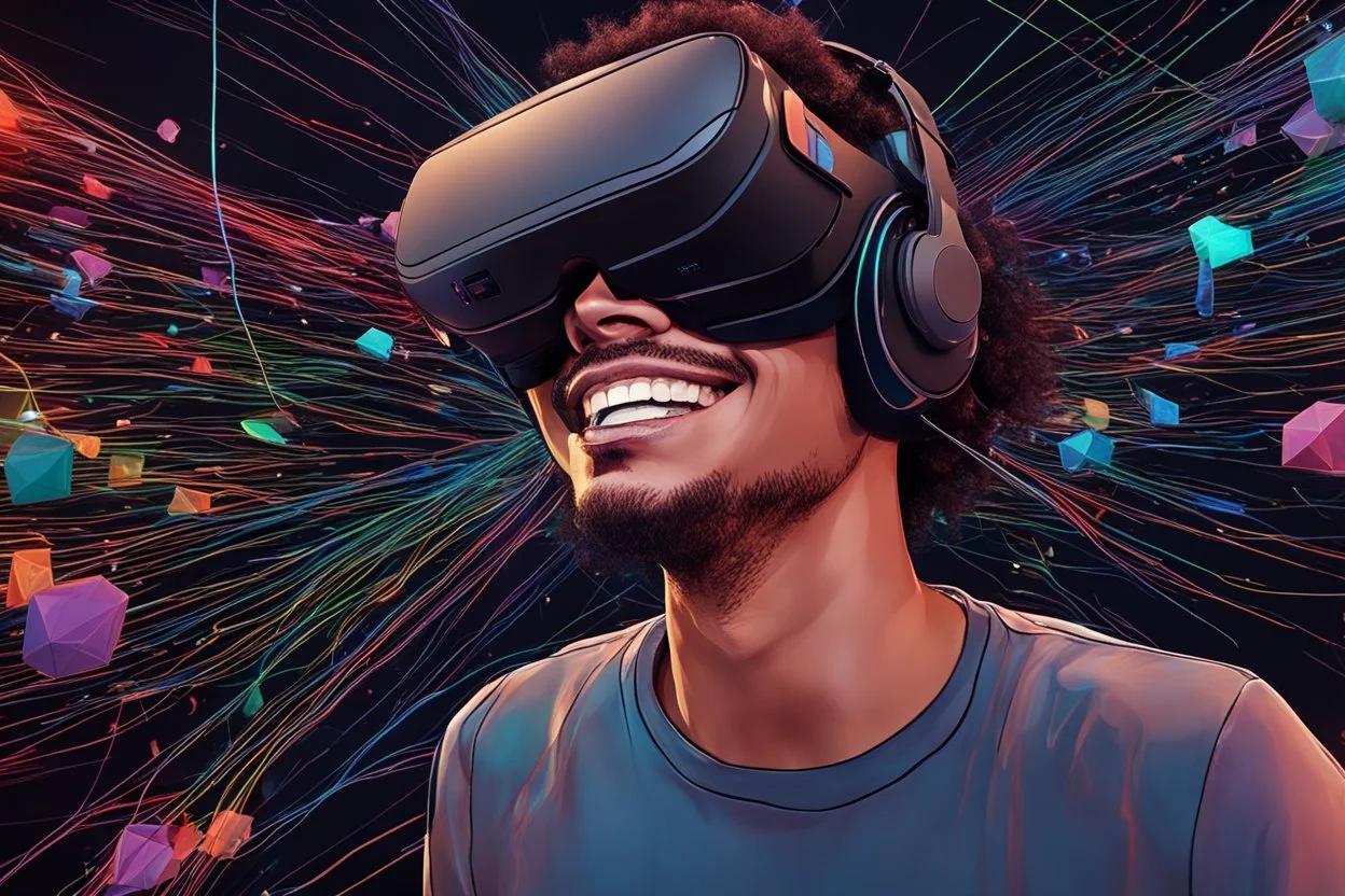 الصورة تعرض شابًا يرتدي نظارات الواقع الافتراضي وهو يستمتع بتجربة واقع افتراضي مذهلة. يظهر وجهه المبتسم وتعابير الدهشة في عينيه واضحة، حيث يبدو وكأنه مغمور في عالم ثلاثي الأبعاد مليء بالألوان والتفاصيل. تتدفق الأسلاك من النظارات على جانبي وجهه، مما يُظهر التفاصيل التكنولوجية المذهلة للجهاز. خلفه، يمكن رؤية أشكال هندسية ثلاثية الأبعاد وصور مجردة تطفو في الهواء، مما يعكس تجربة فريدة وغامرة للواقع الافتراضي. يتواجد شعار "مستقبل الواقع الافتراضي" بالزاوية السفلى اليمنى للصورة، يضفي لمسة إضافية من ال