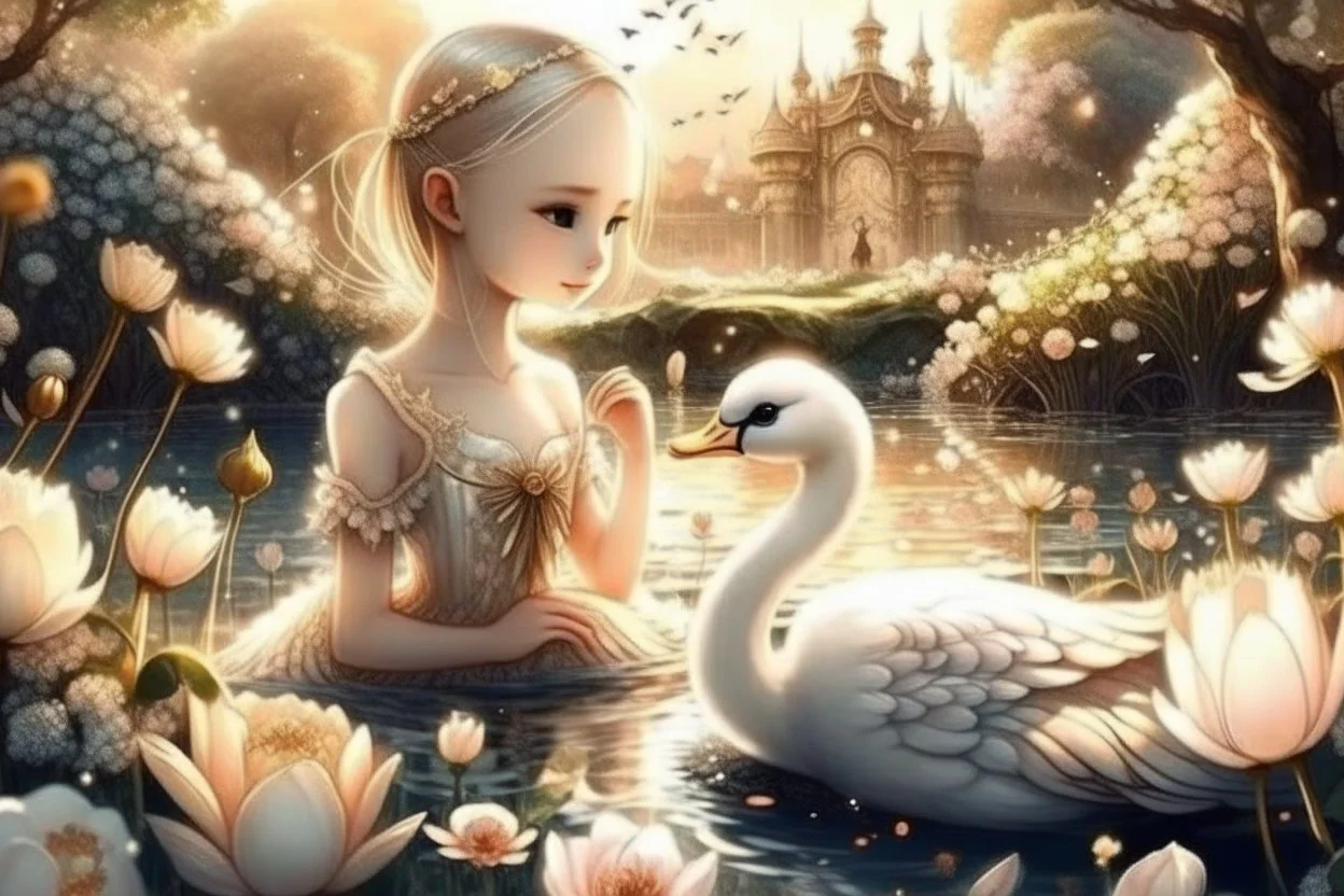 beautiful swan and cute chibi princess in a flowergarden with beautiful flowers, pond, in sunshine, H.R. Giger, anime, steampunk, surreal, watercolor and black in outlines, golden glitter, ethereal, cinematic postprocessing, bokeh, dof