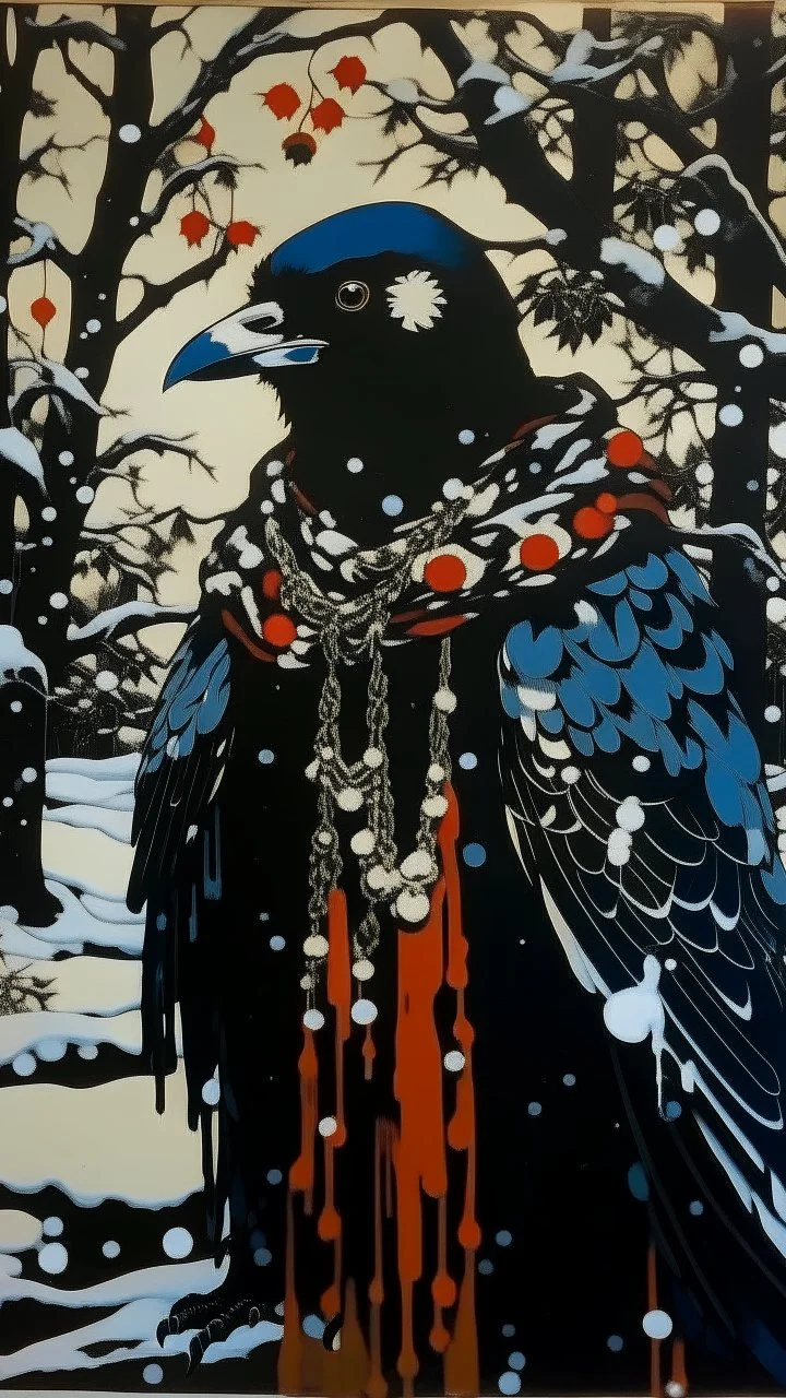 A contemporary serigraphy portrait by Matisse and Kunisada of a crow dressed with a punk leather jacket within a snowy Christmas atmosphere.