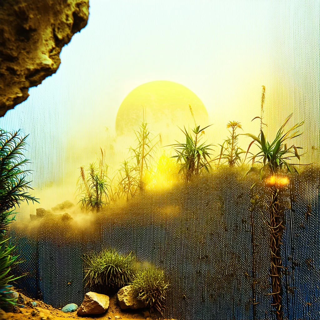 A striking quality Kodak photograph captures a wasteland with liquid and group of monstrous plants, creepy, details of the dust very accentuated, glossy organic mass, adorned with minerals and rocks. Bathed in intense light, eerie, Max Ernst style, Amano, Audubon, yellow sun, fluids, fog, bkue eyes, paranoic, obsessive, blurred, volumetric light, dog teeth