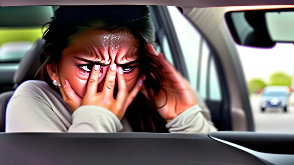 crying woman driving in hotel parking lot crying as she leaves to turn onto street