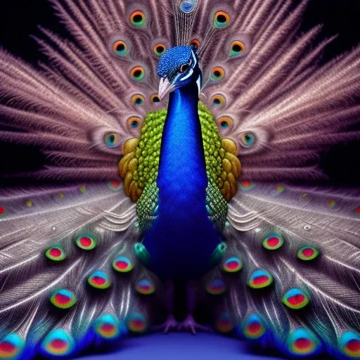 peacock face fantasy art, Unreal Engine 5, lens macro,sharp focus, realistic, hyper detailed, studio lighting, neon light ambient