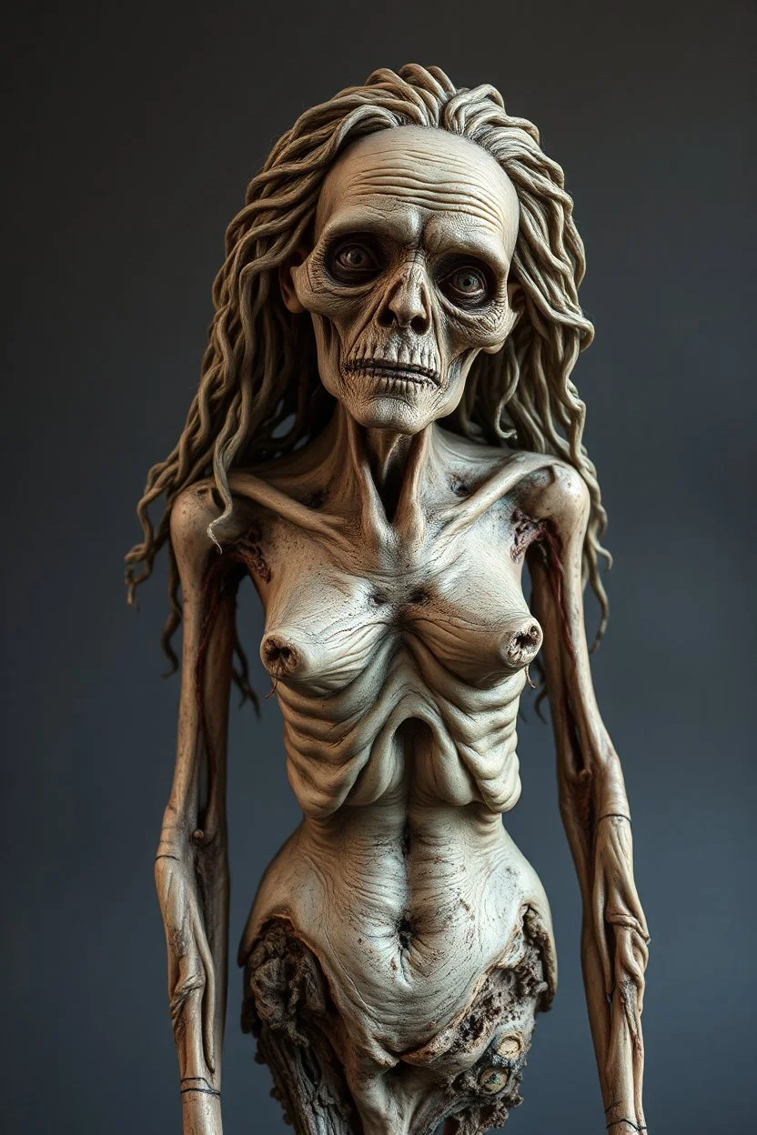 sculpture of an old woman with long curly hair , half the body , front view . decayed and rotting with grotesque proportions and imagery. grotesqueries, detailed texture, surreal horror, biomechanical design, by hr giger and beksinski