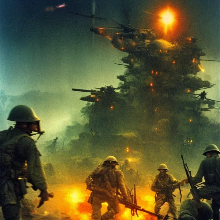 vietnam war. war report. jungle. poster. bokeh. lens flare. warm lights. high detailed. beksinski