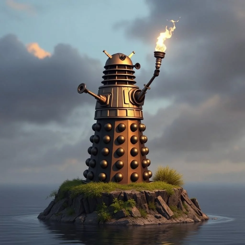 a Dalek standing on very small island raising it's appendage like the statue of liberty holding a torch