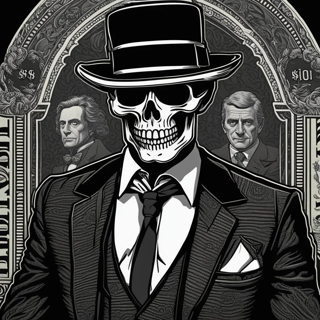 LINE TONE, WSJ STYLE, HEDCUT, ultra high image quality, HEAD AND SHOULDERS SHOT, SKELETON, WEARING A 3 PIECE SUIT, POSED FOR DOLLAR BILL PORTRAIT, , Close-up of an set against AMOLED-worthy pure black backdrop, fantasy art style infused with filter, tailored for vertical wallpaper, exclusive design with no duplicates, radiating beauty suitable for a PC screen image, vivid colors, ultra fine, digital painting, BASED ON THE UNITED STATES TREASURY NOTE ONE DOLLAR BILL