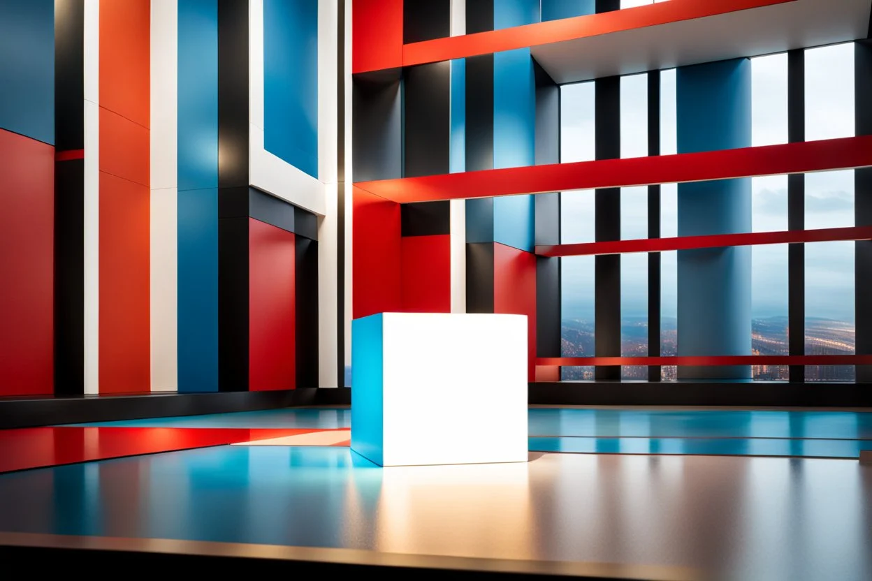 a Bauhaus cube fighting a Bauhaus sphere; UHD photo, photo-realism, (((great verticals))), (((great parallels))), warm colors of white, red, and sky blue