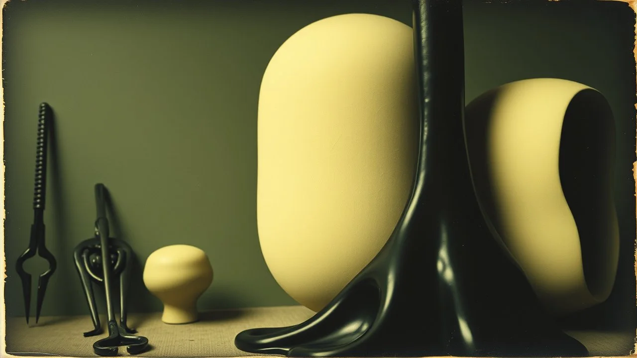 Photography polaroid close-up of several shapes, elongated lines and object, massive odd Yves Tanguy incomprehensible style, Surrealism. On the left, there are other lower shapes, similar to tools or mechanisms, randomly arranged, glossy, organic, creepy tumor mass growing, strong texture, fiotti di liquido nero, horror, panic, obsessive, hypnotic