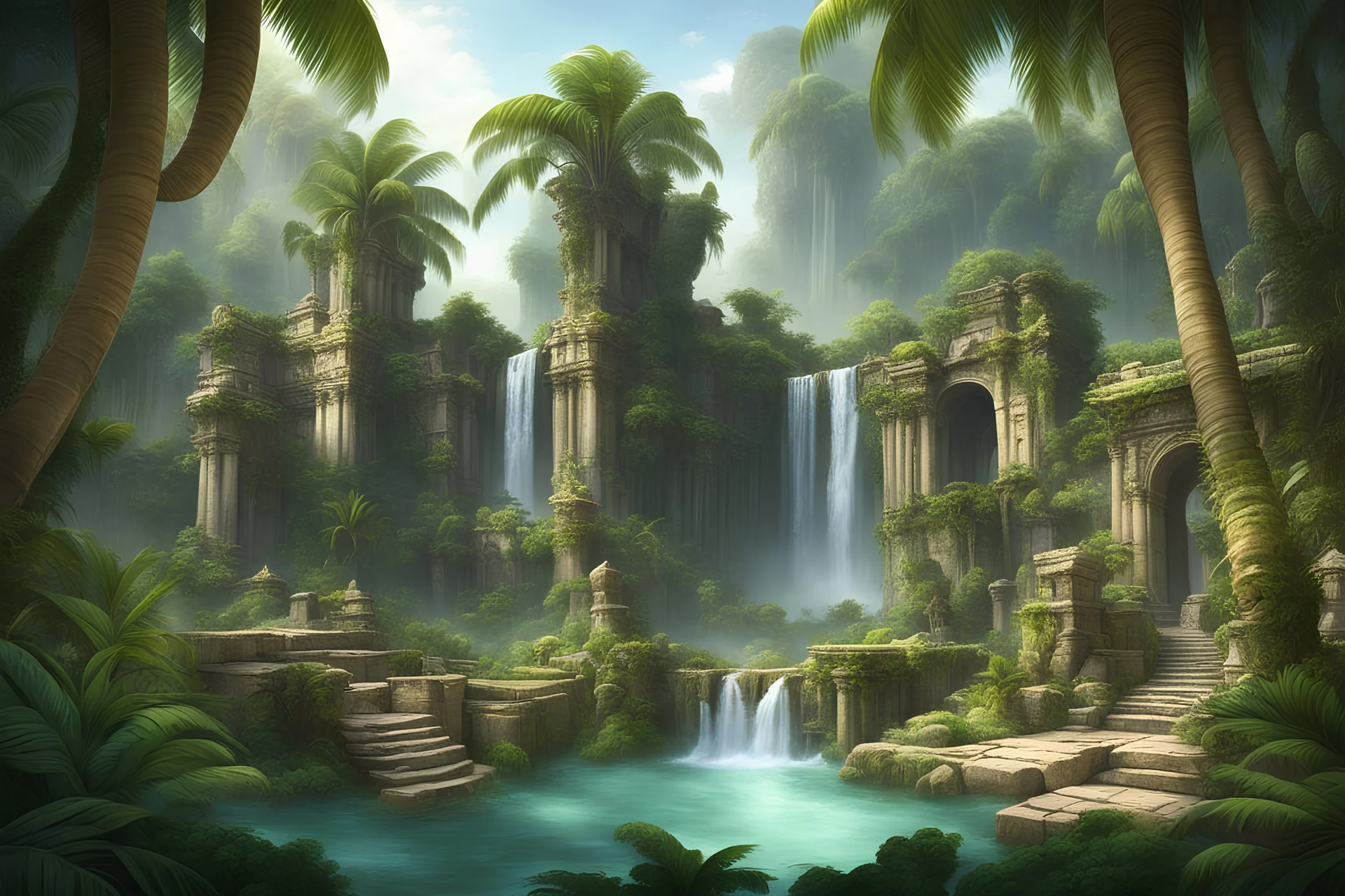 храмы эльдорадо в джунглях пальмы скалы водопады лианы двор из камней руины фэнтези арт