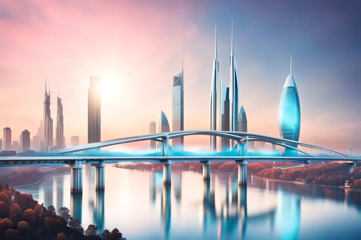 Dreamlike Skyline of Downtown futuristic hightech city in 4050 and a stunning futuristic Bridge During Sunlight with dark grey clouds in sky, over the azur-silver color river, cold colors, come storm, high detalied, sci-fi, landscape