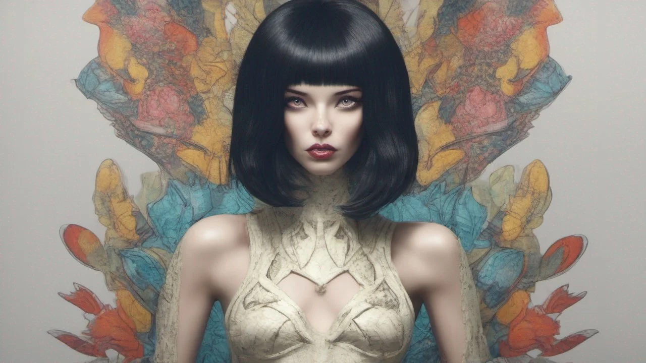 pale alien woman wearing exotic clothing. Black hair bob