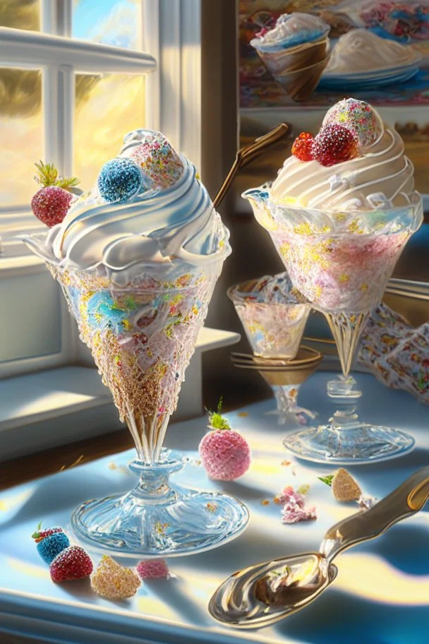 Beautiful ice-cream sundaes on a modern kitchen counter, on embroidered lace, Hyper realistic, oil on canvas award winning fantastic view ultra detailed acrylic art Ultra realistic Impressionism Surrealism simen johan, sharp focus intricate oil on canvas cinematic lighting photorealistic high detail ultra detailed crisp quality in sunshine