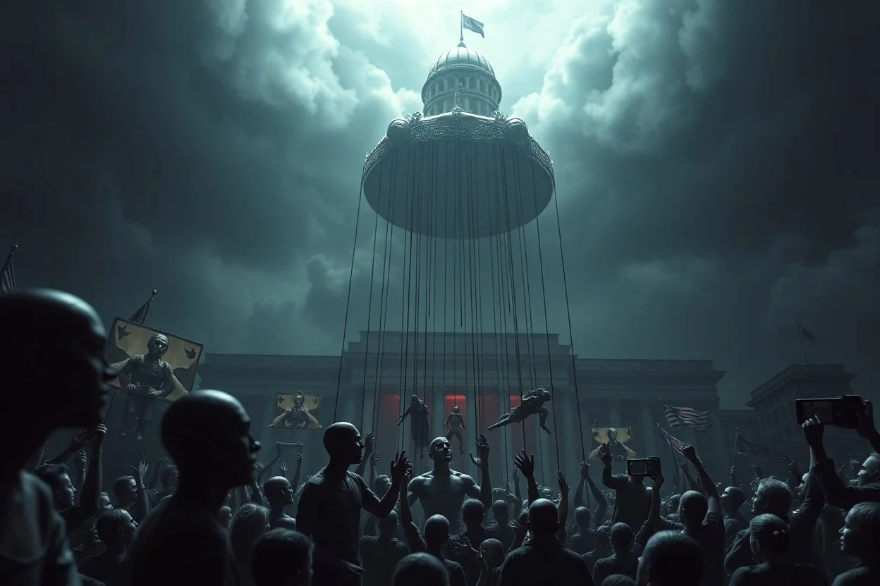 an oppressive government looms above, pulling the strings of puppets below, the news media broadcasts their suffering everywhere, dystopian, dread, horror