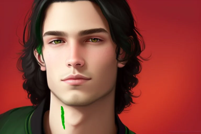 a young male with shoulder length black hair and green eyes, slight smile