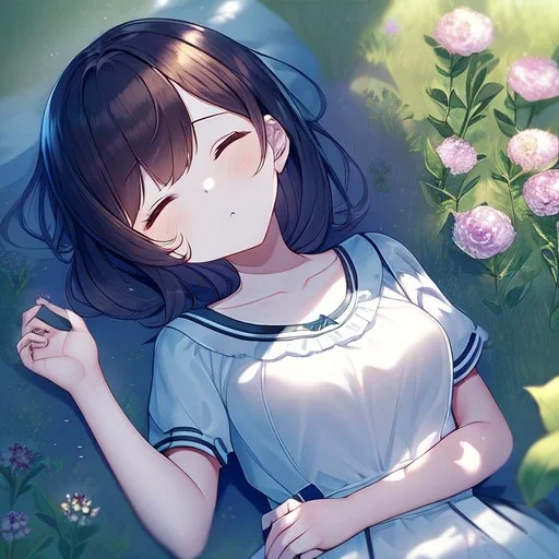 anime girl sleeping in a field of flowers, the girl is far away