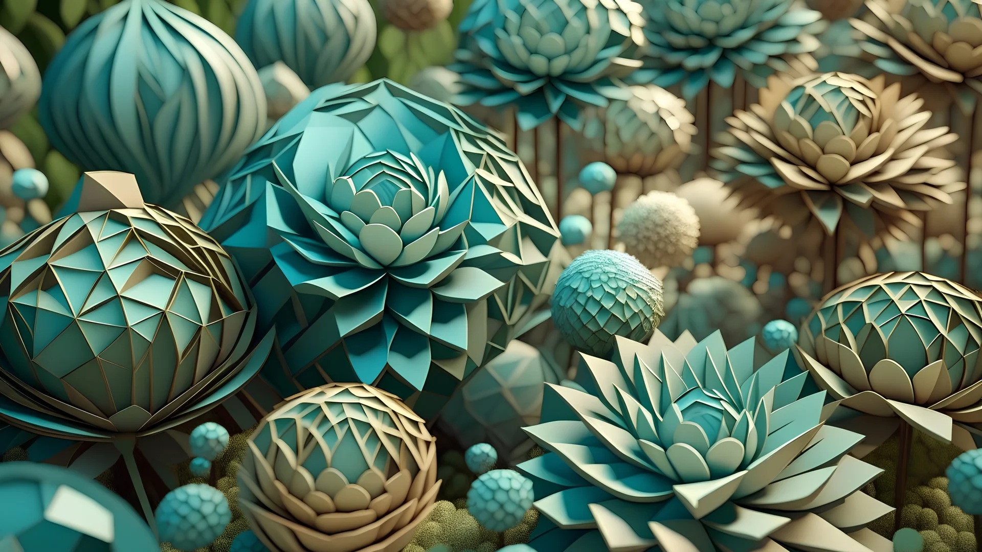 Contemplative and realist photo of 3d geometric flowers in a garden. Colors are light blue, light brown and light green.