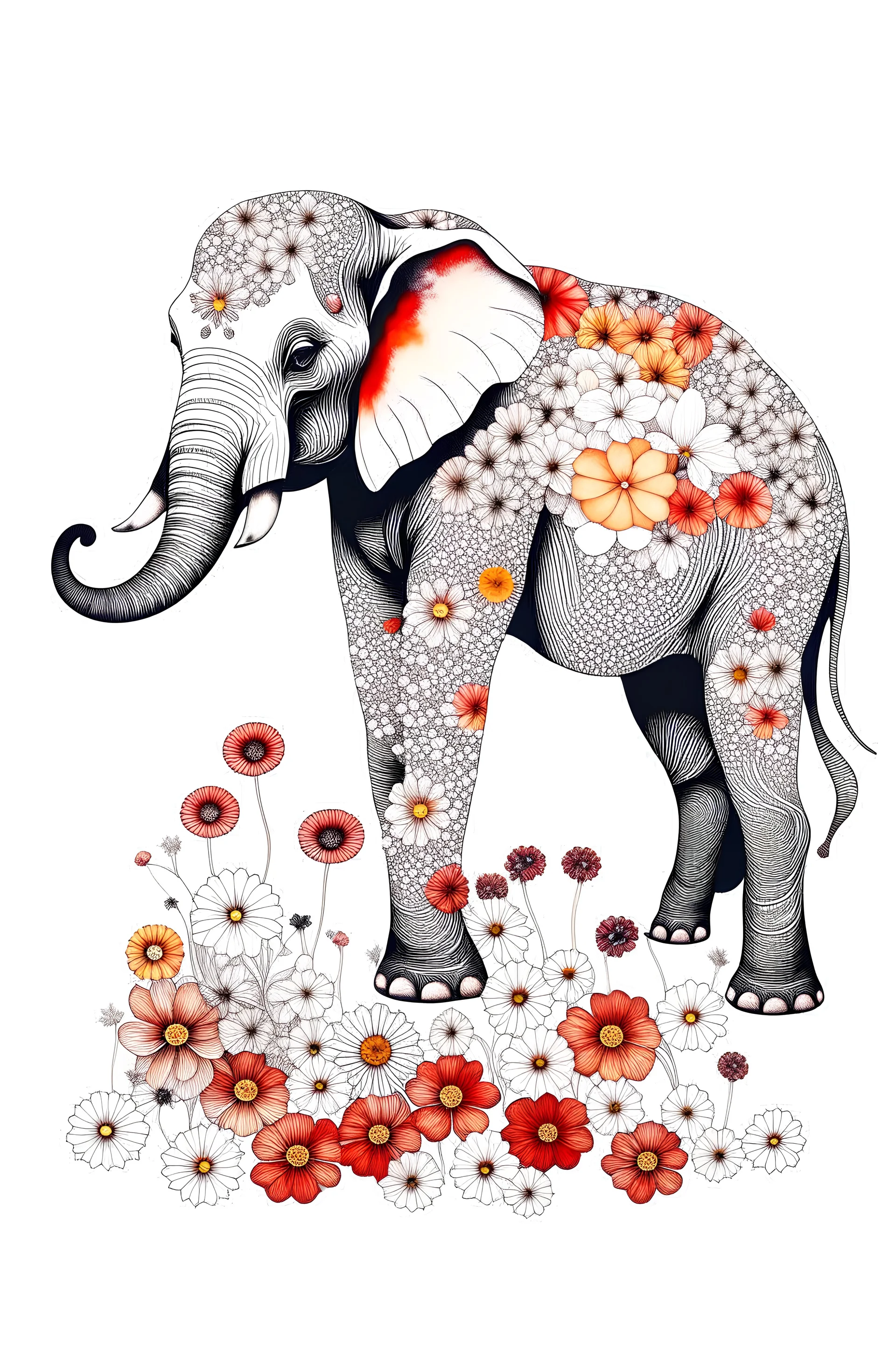 full body elephant and background fill with flowers on white paper with black outline only