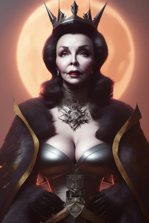 Joan Collins as evil queen in black leather, leather, busty, cleavage, angry, stern look. character design by cory loftis, fenghua zhong, ryohei hase, ismail inceoglu and ruan jia. unreal engine 5, artistic lighting, highly detailed, photorealistic, fantasy