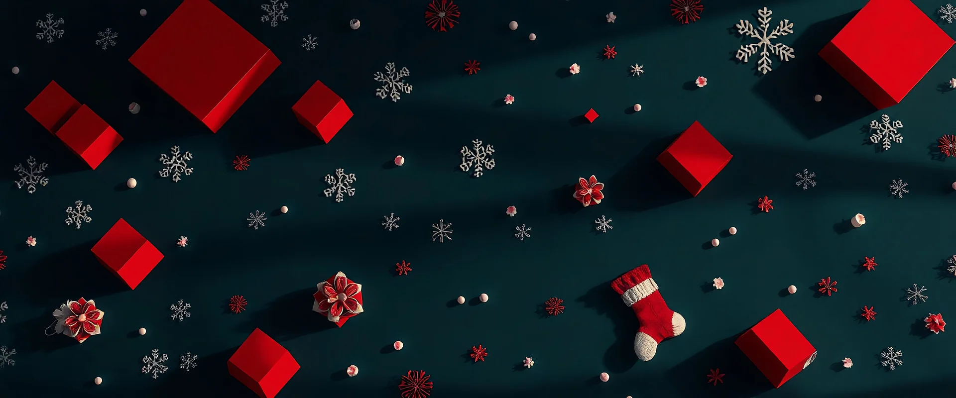 8k 3d cubic shapes seamless print deep dark verdant coloured and vermilion coloured mondriaan style with snowflakes and socks flowers with shadows and diagonal lines across and christmas xmas days vibe - view from upwards