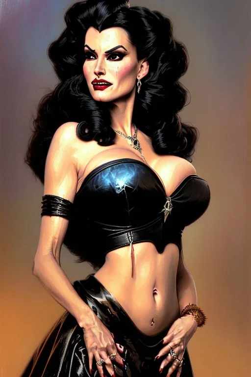 painting of lisa ann as evil queen in black leather gown, feminie, angry, stern look on her face, volouptous, busty, cleavage, emperious, mature, highly detailed, digital painting, artstation, concept art, smooth, sharp focus, illustration, art by gaston bussiere and alphonse mucha