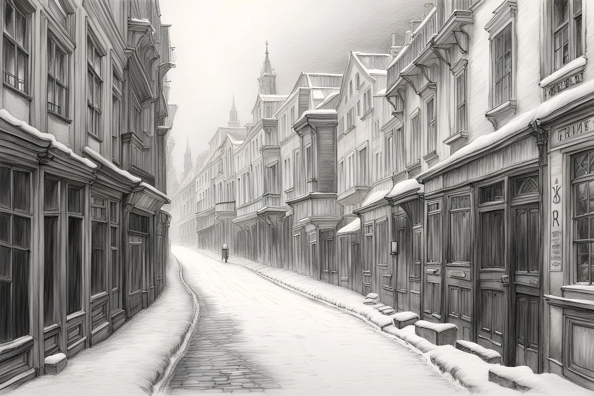 old street in Vienna, snow, sunshine, very detailed black and white pencil drawing