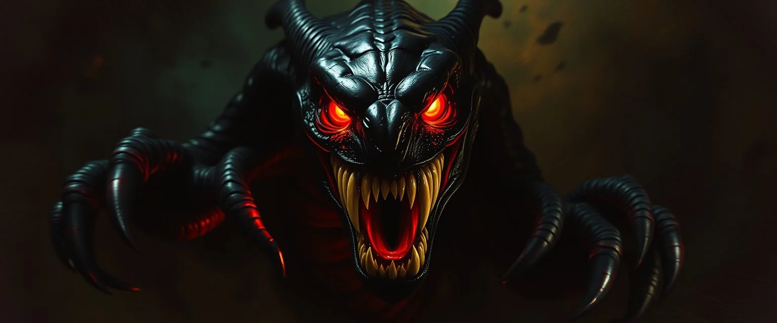 master oil painting by Rembrandt, good afternoon Nightmaw "A shadowy predator with a gaping, unnatural maw lined with multiple rows of crooked teeth, glossy black skin that absorbs light, long serpentine limbs, clawed fingers, glowing red eyes, stalking in darkness, exuding malice and hunger." pin hole cam picture, twisted perspective, goa trance music poster, awake within a psychedelic mushroom dream, with some motion blur background, and hyper depth perception