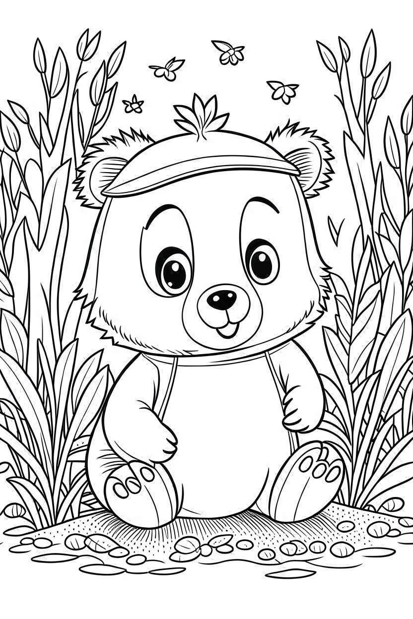 cute coloring page, sketch style, cute baby bearin the wood, cute cartoon, white and black, withe background, no shadows, outline.