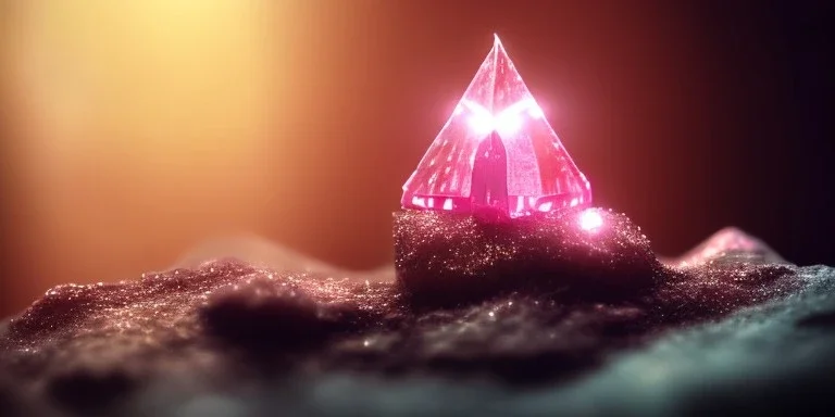 single pink crystal, on an altar in a foggy cave, cinematic,