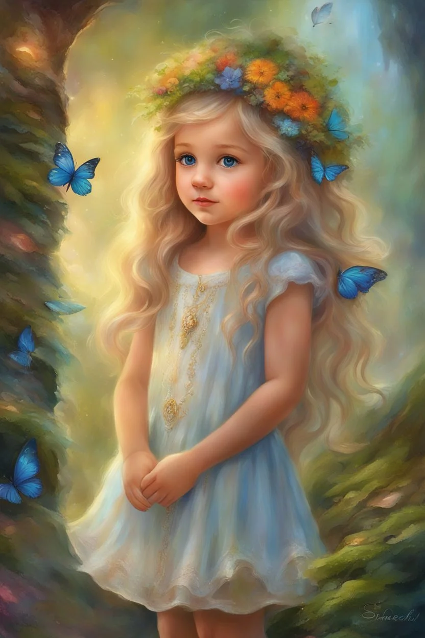 Masterpiece, best quality, digital painting style, adorable digital painting, beautiful fantasy art, colorful. In a dress spun from dreams and pure delight, A pretty little girl with hair so bright, Her big blue eyes, a window to her soul, In a fairy fountain's shimmering aureole. Beneath a big alder with colors so bold, Mosses whisper secrets, stories untold, In this magical world, vibrant and alive, She finds wonder in each vivid hue, jive.