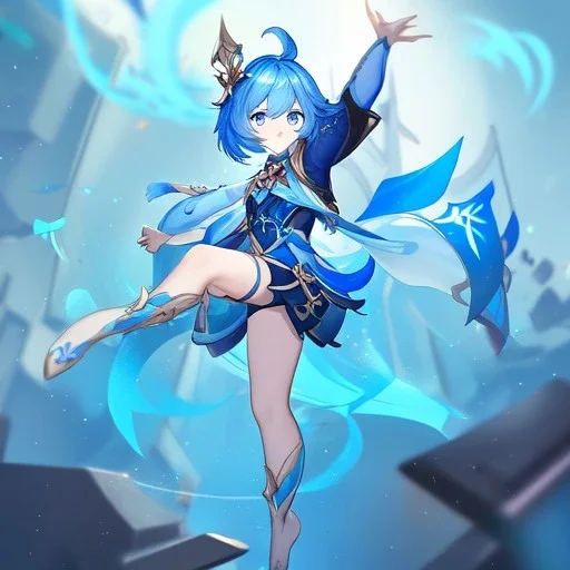 Clear focus,High resolution, Vibrant short blue hair, Vibrant blue eyes, Genshin impact inspired outfit, wearing a short skirt, kicking pose, full body, jumping