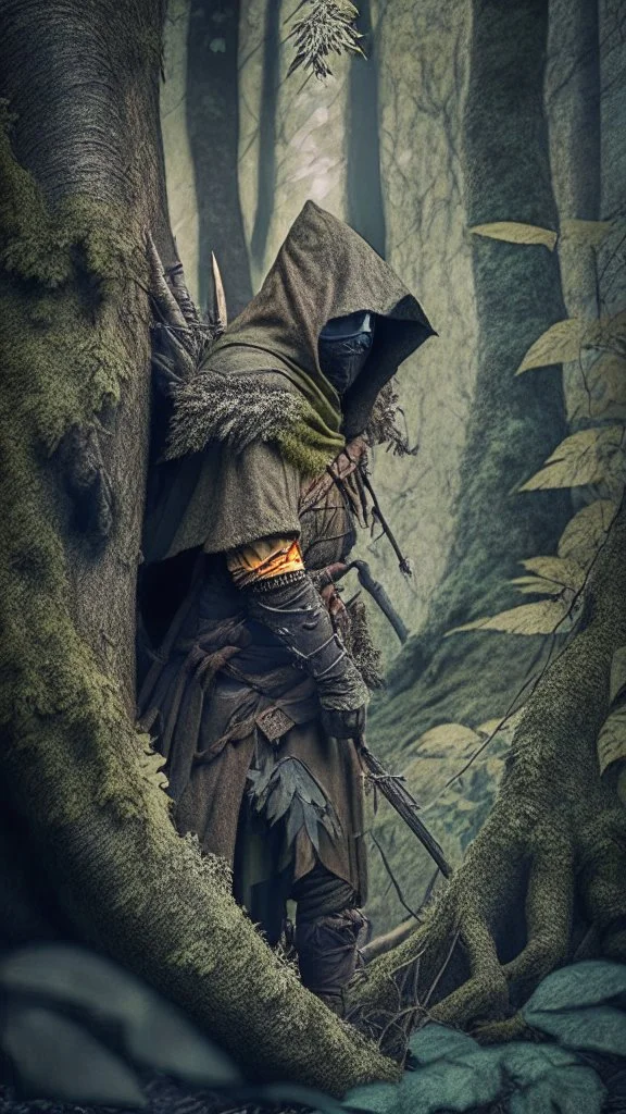 medieval hunter hiding in the woods