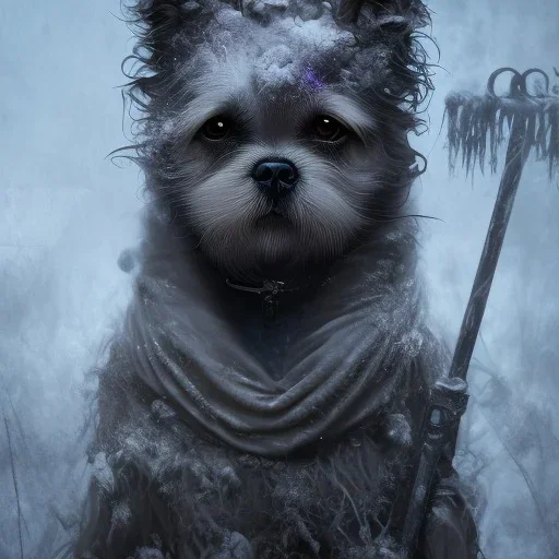 sad, abandoned, miserable dog tied to a pole outside of a family home, the Grim Reaper nearby,winter, loneliness, 8k resolution, high-quality, fine-detail, iridescent, intricate, digital art, detailed matte, volumetric lighting, illustration, 3D octane render, brian froud, howard lyon, selina french, anna dittmann, annie stokes, lisa parker, greg rutowski