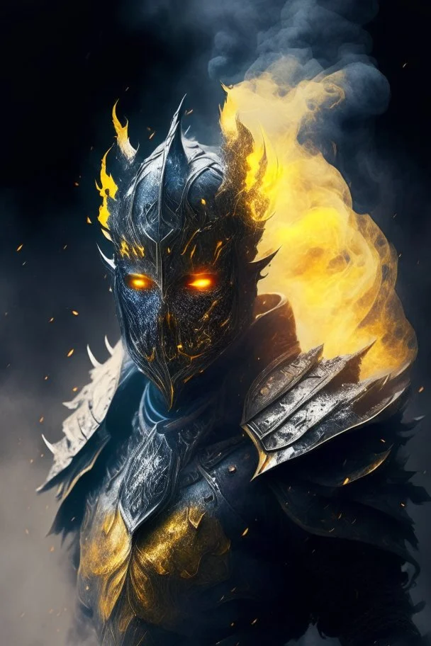 smoke in a shape of humanoid and a colour of a storm with yellow eyes wearing a scalemail armor