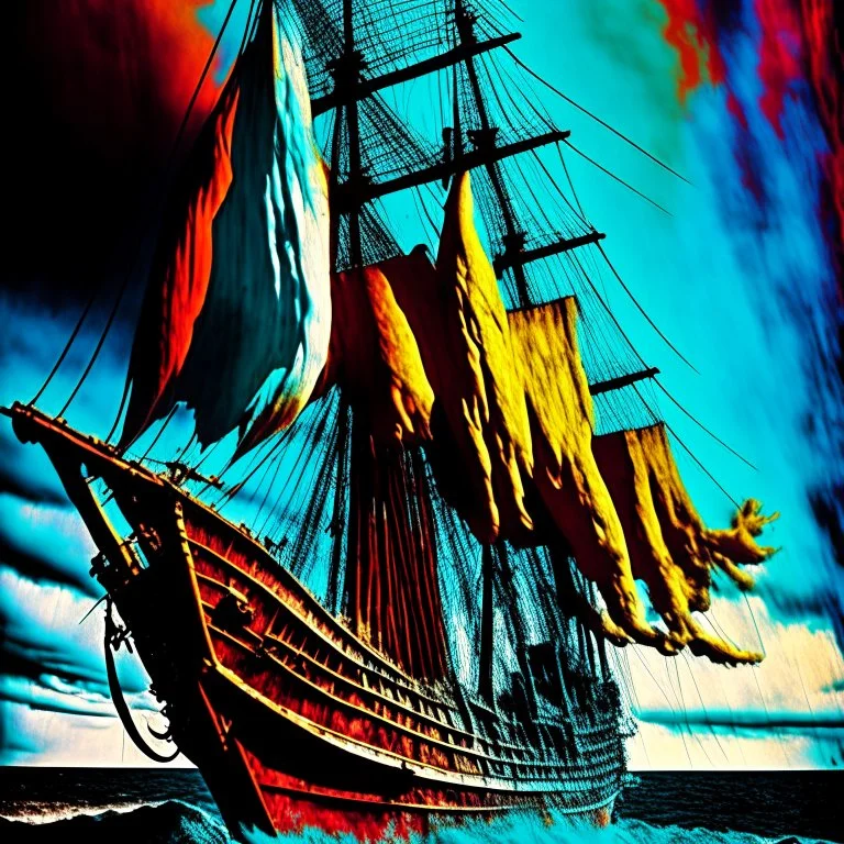 dramatic vintage color photograph, Odysseus lashed to mast of a Homeric galley ship, color splash, dramatic, complex contrast, dynamic composition; masterpiece, sfumato, sinister,