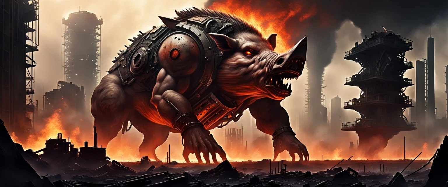 Massive boar-humanoid warlord devouring glowing alien machinery, burning cities in the distance, rusted sky, savage power, industrial jungle ruins, heavy fog, sci-fi fantasy poster, airbrushed brutalism