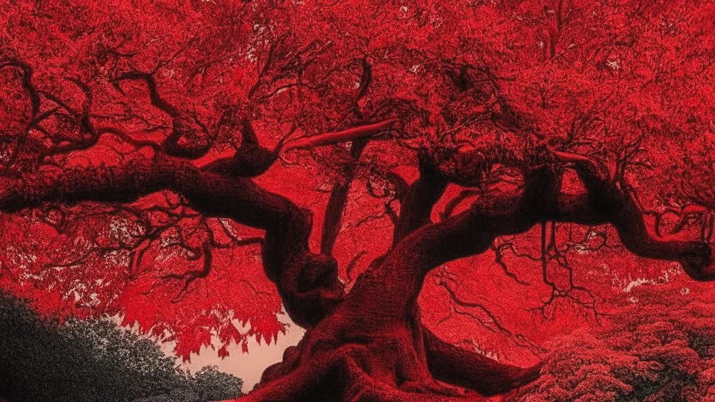 red tree, highly detailed, boutyfull desktop wallpaper, comic style