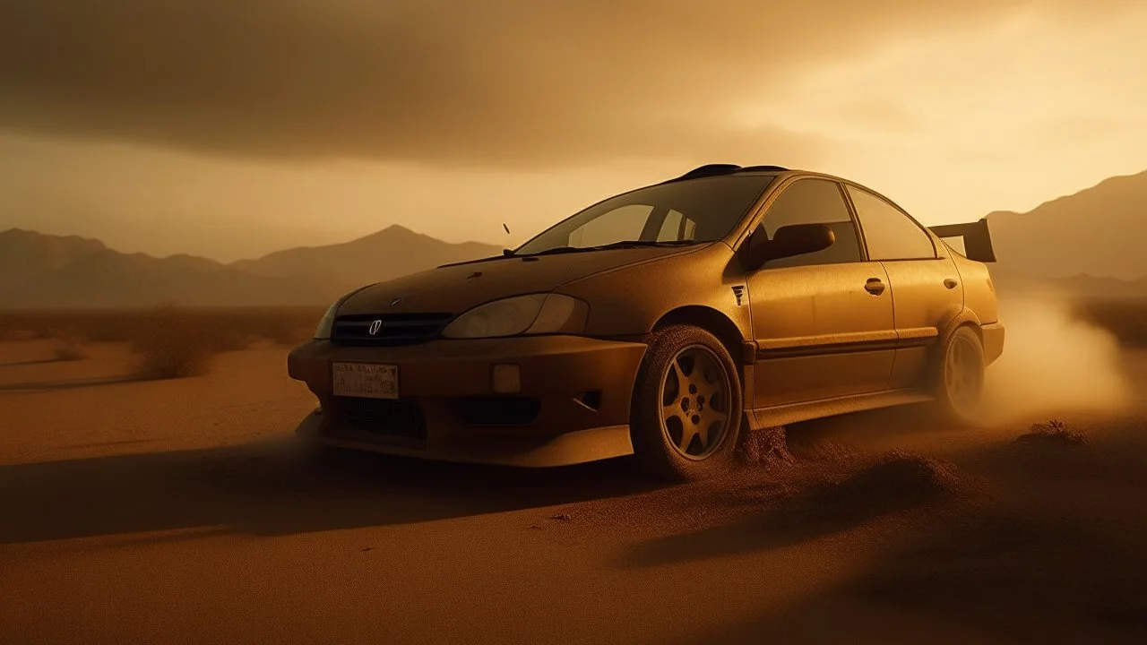 Capture a stunning and cinematographic photography featuring a 1998 black and rusty Honda Civic in a post-apocalyptic desert road enveloped by a sandstorm. Employ a post-apocalyptic photography style to authentically depict the rugged and desolate atmosphere. Ensure the scene vividly evokes the essence of a transformed world, with the weathered Honda Civic standing resilient amid the harsh conditions of the desert and swirling sandstorm.