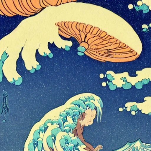 An astronaut floating in space surrounded by a halo of glowing jellyfish, done in the style of Hokusai's The Great Wave off Kanagawa