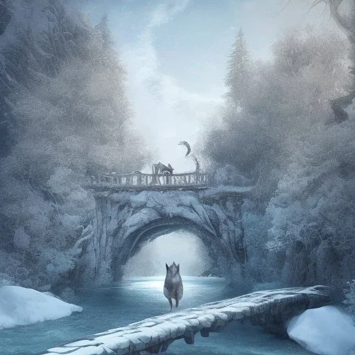 fantasy art of upper body of big wolf and wizard walking on very tight tree bridge over icy water