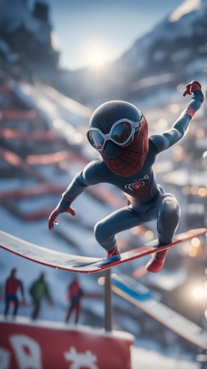 ski jump arena with spider man ski jumping, bokeh like f/0.8, tilt-shift lens 8k, high detail, smooth render, down-light, unreal engine, prize winning