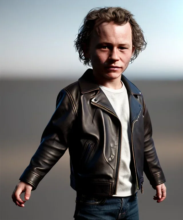 Heath ledger toddler, full body, leather jacket, soft skin, dramatic lighting, hyper realistic