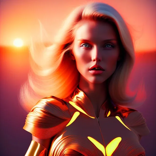 blonde superwoman. photographic, bright colors and sunset, oil on canvas, kodachrome, volumetric light