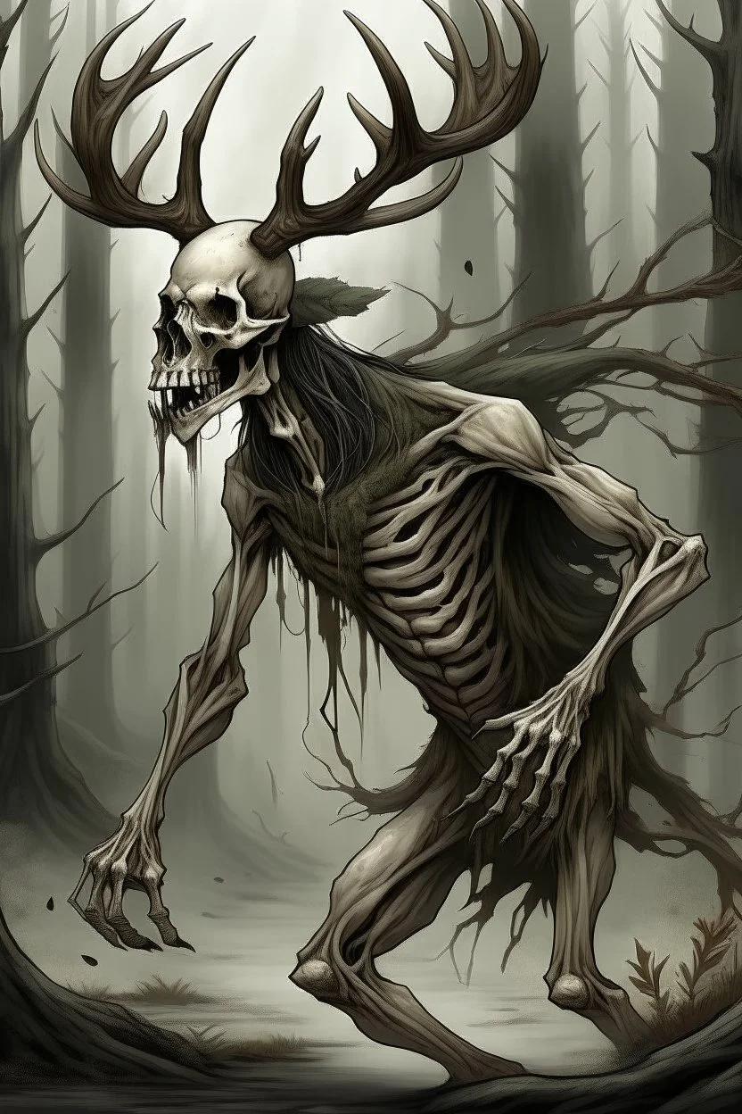 wendigo with deer skull covering head and face and emaciated full body image