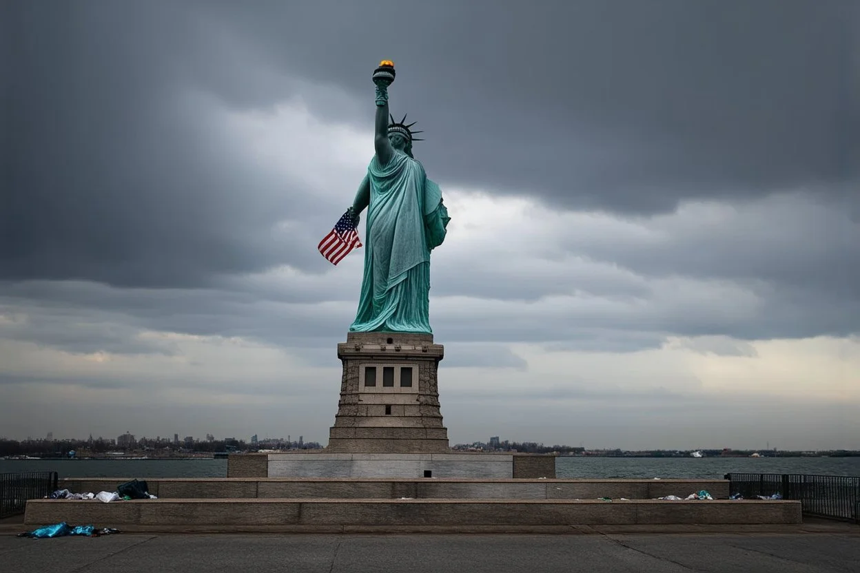the statue of liberty, dress dirty and torn, her face solemn and terse, trash littered at her feet, she holds a crumpled american flag, she walks away with back turned under a dark and dreary sky, wide angle