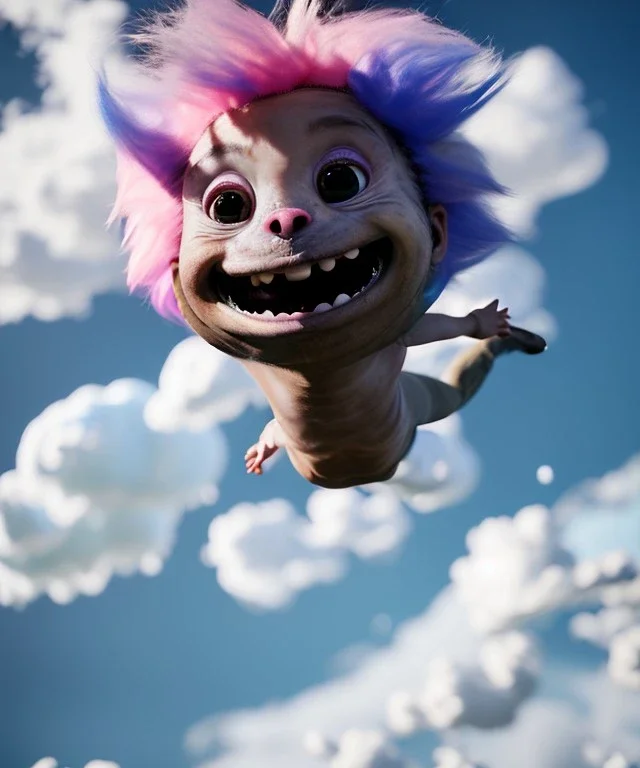 Ultra realistic clouds sky scene, wide angle, sweet childs falling down, inflatable color clothing, free jumping flying, many trinkets, monster hair, hair monster, many jelly beans, balls, smile, happy, circus style, extreme, wind, clouds sea, 20,000 feet altitude, stratosphere, soft color, highly detailed, unreal engine 5, ray tracing, RTX, lumen lighting, ultra detail, volumetric lighting, 3d, finely drawn, high definition, high resolution.