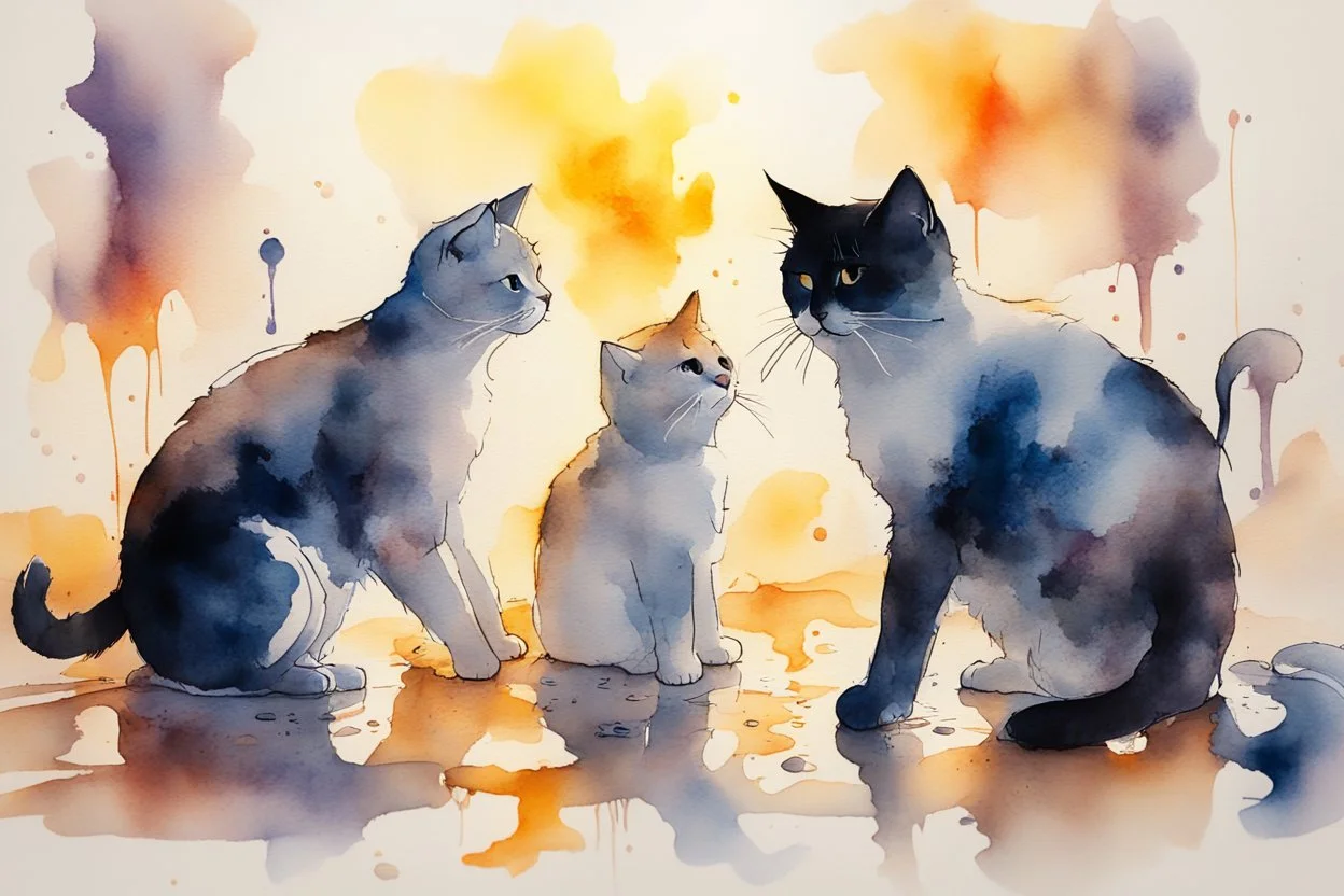 cats playing activity, melting watercolor and black ink outlines on wet paper, soft, shading strokes, in sunshine, ethereal, otherwordly, cinematic postprocessing, bokeh, dof